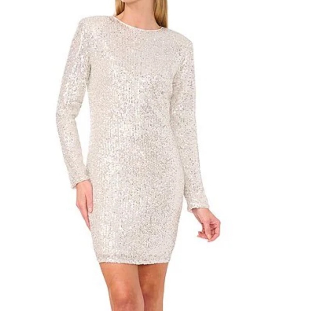 Cece champagne Sequin Crew Neck Long Sleeve Sheath Dress
